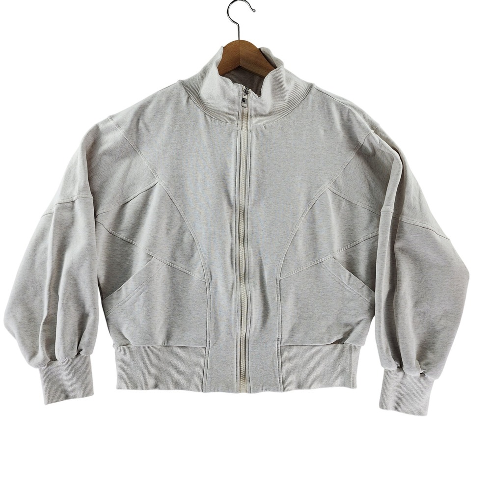 Varley Full Zip Jacket Women XS Oatmeal Heather Puff Sleeve Relaxed Cotton Blend